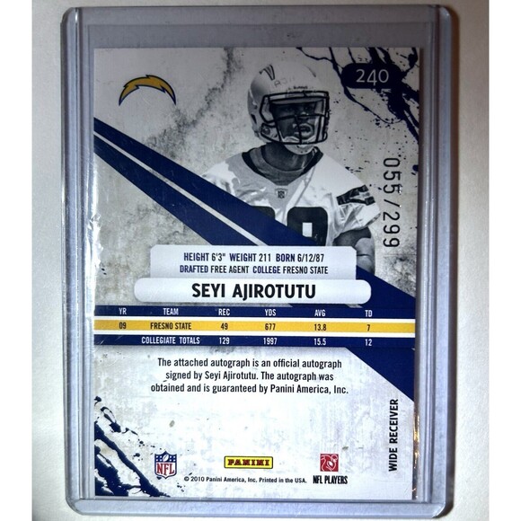 Chargers -Seyi Arijotutu 2010 Panini RS Rookie Autograph #240 Ser/299 - Picture 2 of 2